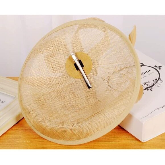 7763 Fascinators Clip Hat Bridal Linen Tea Party Hats Handmade Light Coffee - Picture 7 of 8